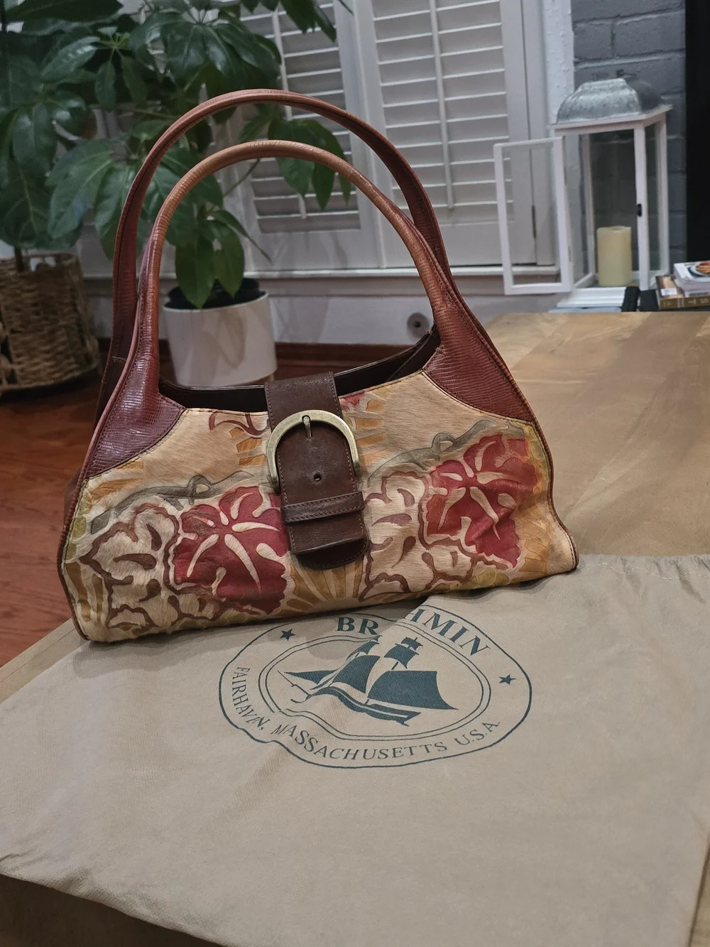 Vintage Floral Leather Tote Handbag - Brown & Red